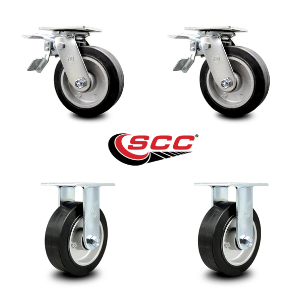 Service Caster 6 Inch Rubber on Aluminum Caster Set with Ball Bearings 2 Brakes 2 Rigid SCC SCC-TTL30S620-RAB-2-R-2